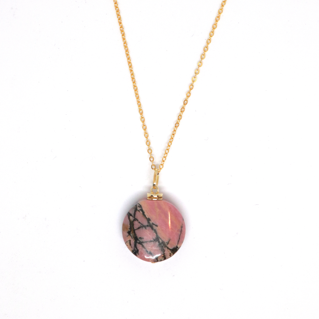 Black Line Rhodonite Flat Round Essential Oil Diffuser Necklace