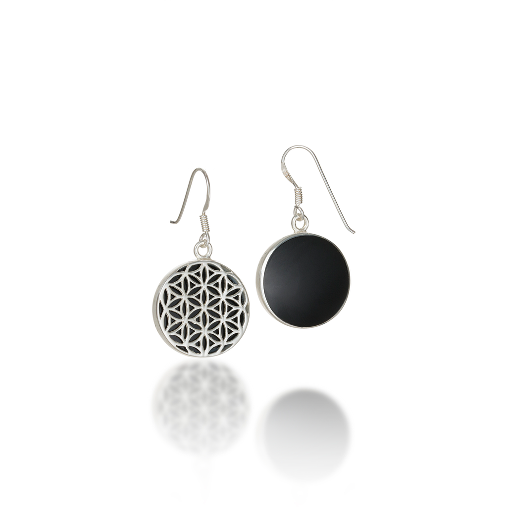 Flower of Life Natural Gemstone Natural Black Agate Dangle Earrings