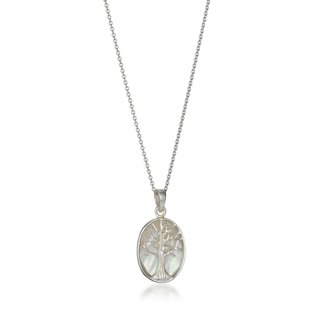 Tree of Life Oval Mother of White Pearl Necklace
