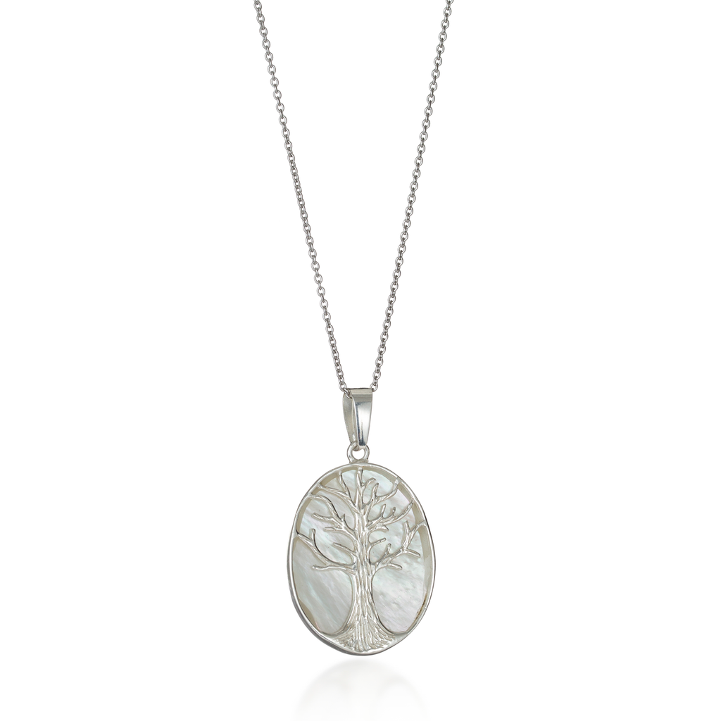 Tree of Life Oval Mother of White Pearl Necklace
